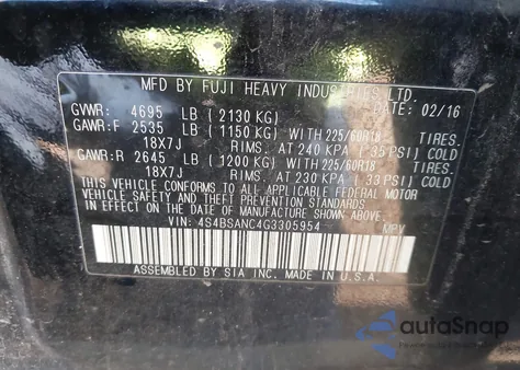 2016 Subaru Outback 2.5I Limited из США, поврежденный, VIN 4S4BSANC4G3305954